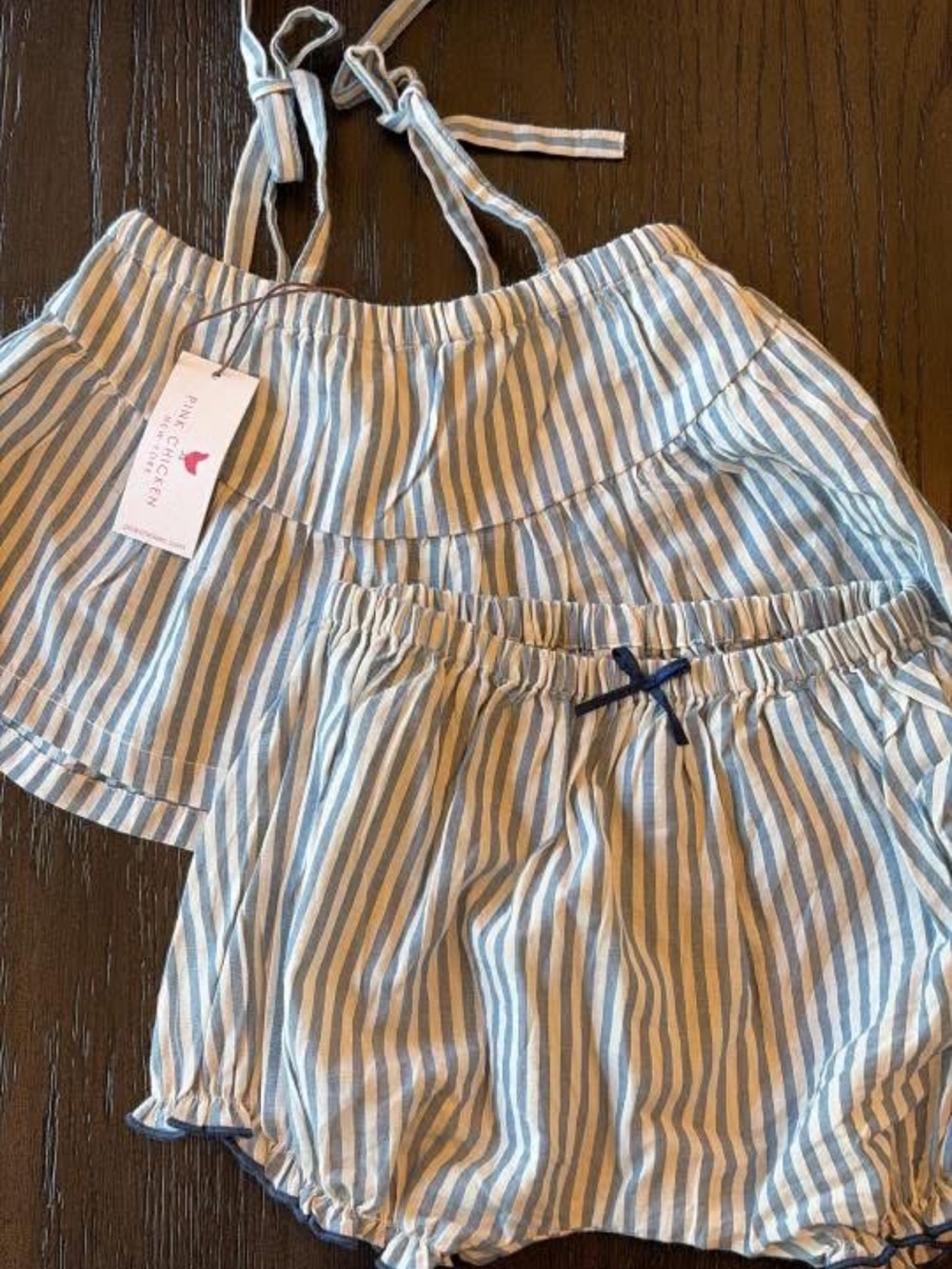 Pink Chicken Striped Blue & White Two-Piece Set